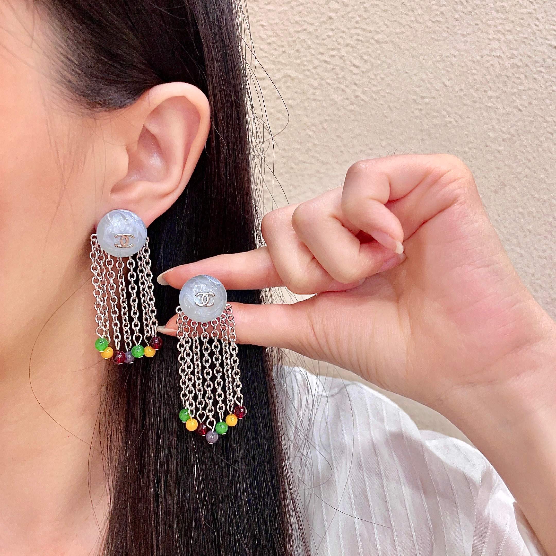 Chanel CC Logo Multicolor Bead Chain Fringe Drop Earrings earrings Silver-tone metal pale blue marbled resin multicolor green yellow burgundy purple accent beads Approximately 4 5cm drop length