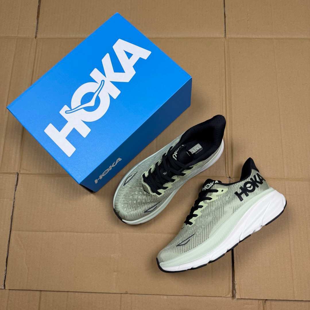 HOKA ONE ONE Clifton 9 Light Green Black White Running Shoe Running Sneakers BS-86873