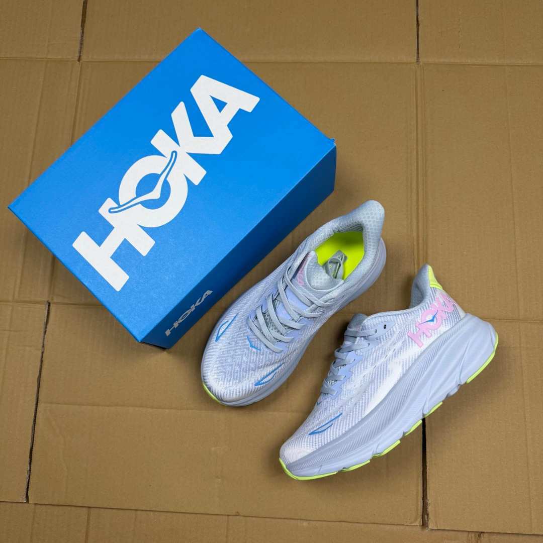 HOKA ONE ONE Clifton 9 Light Grey Blue Pink Neon Yellow Running Shoe Running Sneakers BS-86882