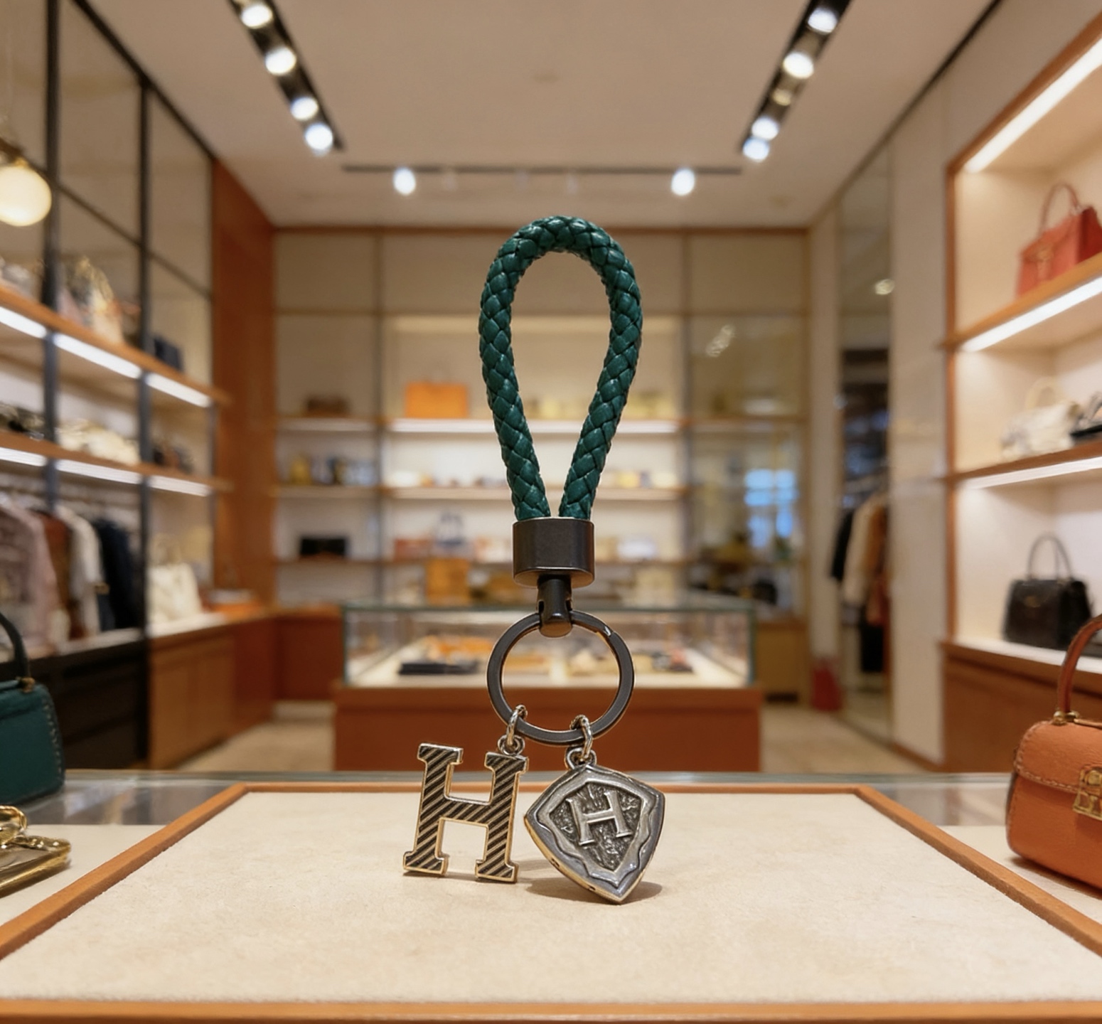 Hermes H Logo tressé porte-clés pendentif en cuir tressé vert malachite quincaillerie en bronze à canon breloques en métal argenté antique 10 cm