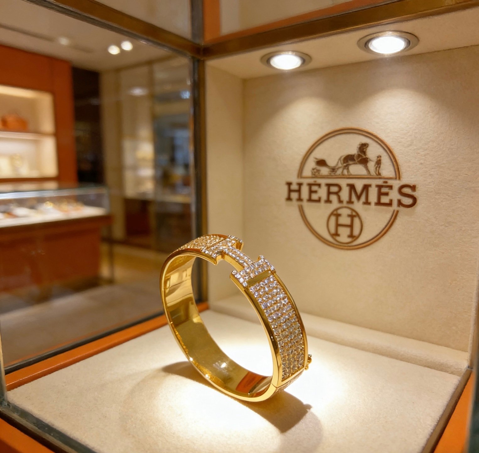 Bracciale Hermes Clic Clac H Full Pave Diamond Oro giallo con pavé di diamanti trasparenti, circonferenza interna di 17 cm