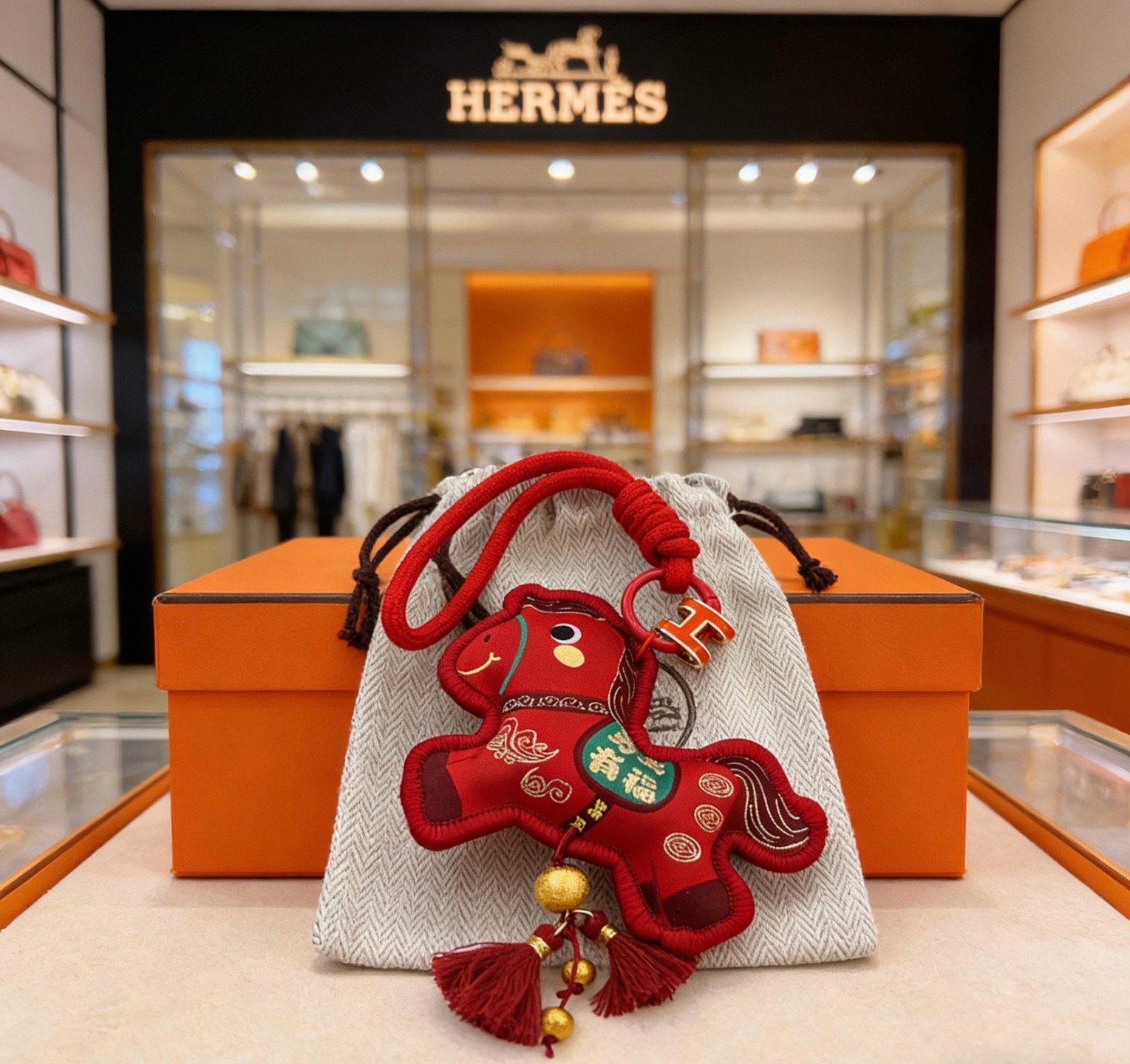 Pingente Hermes Ano do Cavalo Lucky Horse Tecido vermelho com detalhes em metal dourado detalhes bordados verdes esmalte vermelho Hardware H 12cm comprimento total com alça