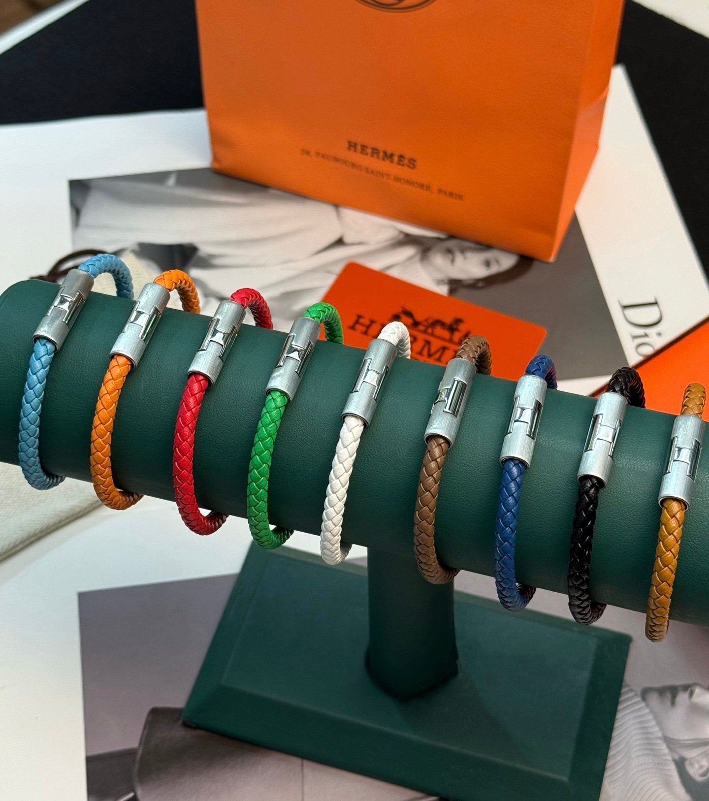 Hermes Tournis Tresse bracelet Brushed silver-tone metal hardware with braided leather available in white light blue orange red bright green brown navy blue black tan T5 19cm