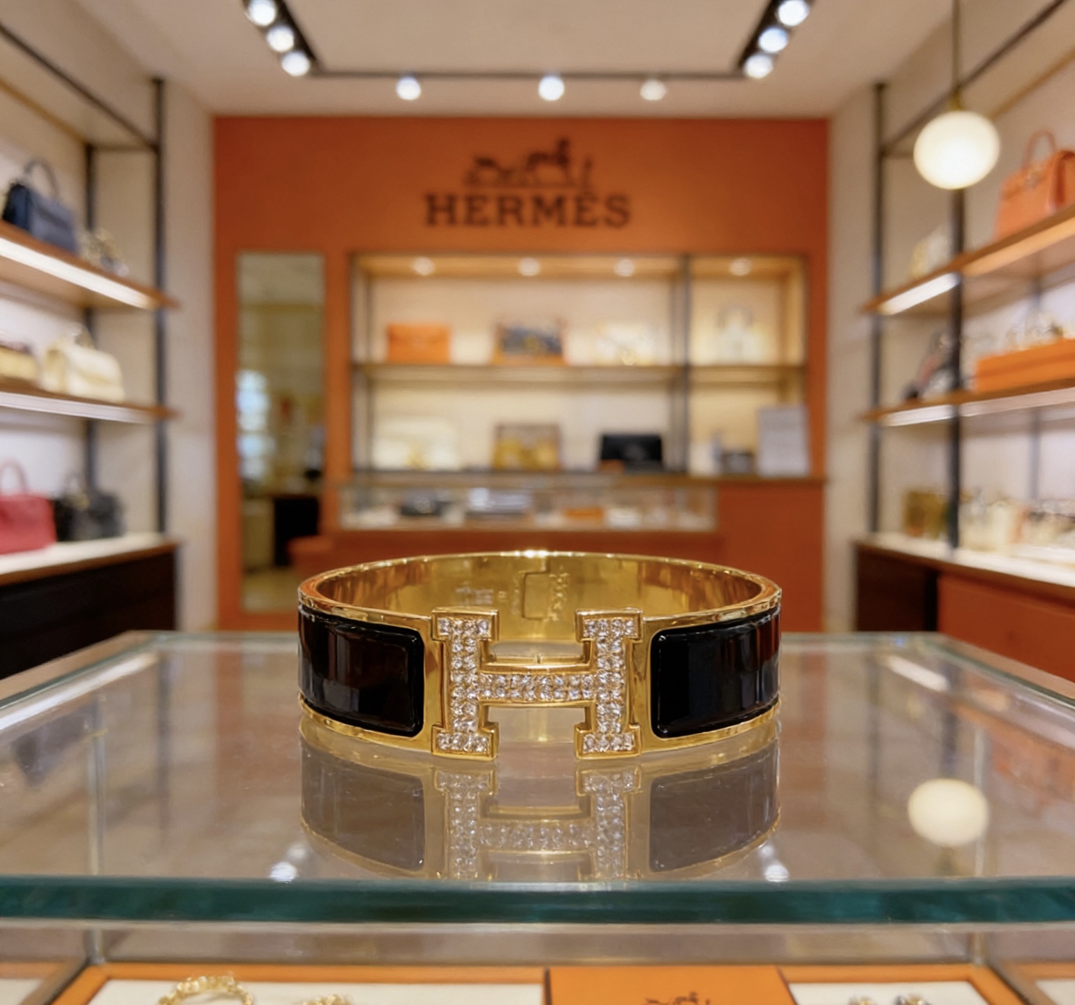 Hermes Clic Clac H bracelet gold-tone metal with black enamel and clear diamond-like pave stones on the H clasp 20mm