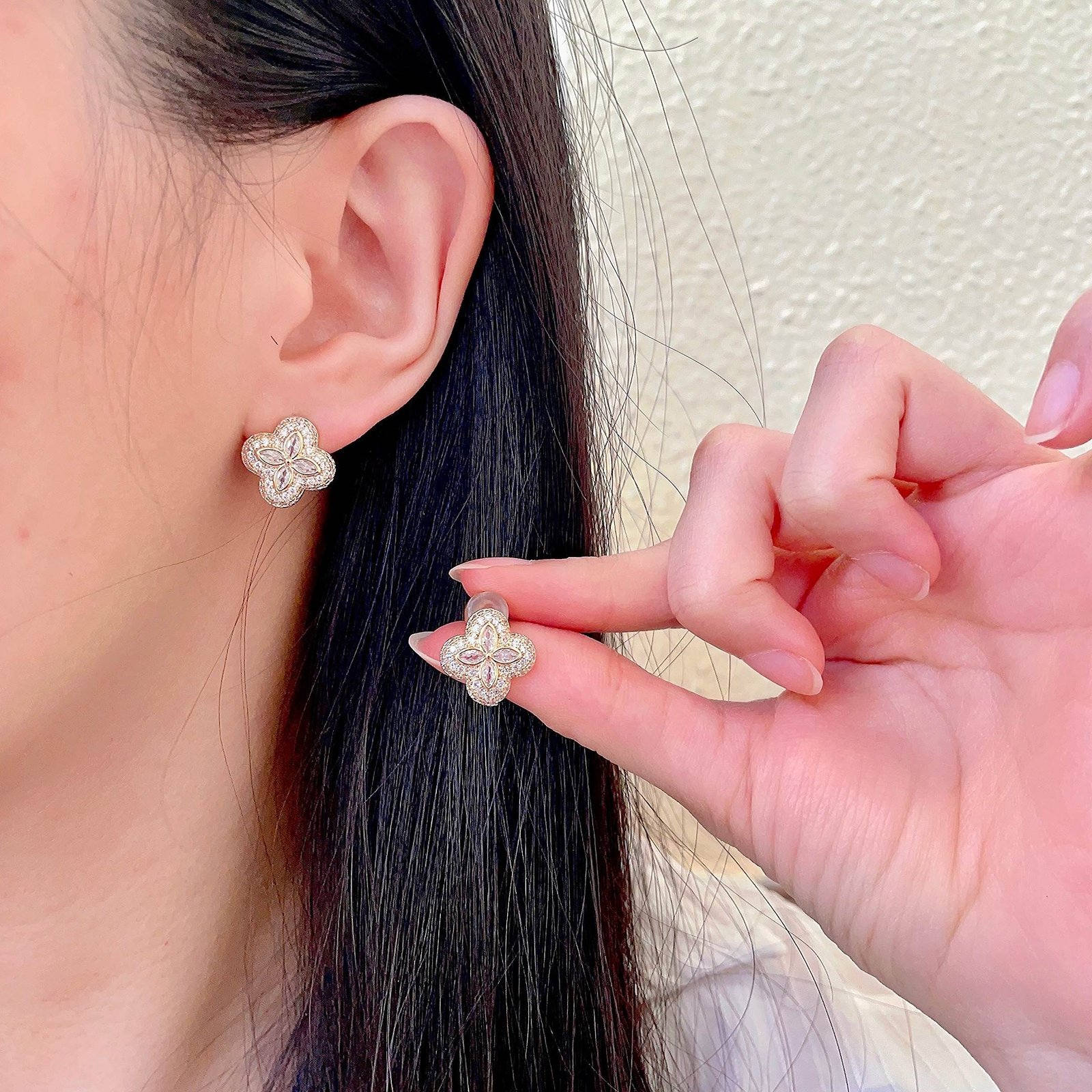 Van Cleef Arpels Alhambra earrings Yellow gold with clear diamond pave and marquise-cut diamond accents 10mm