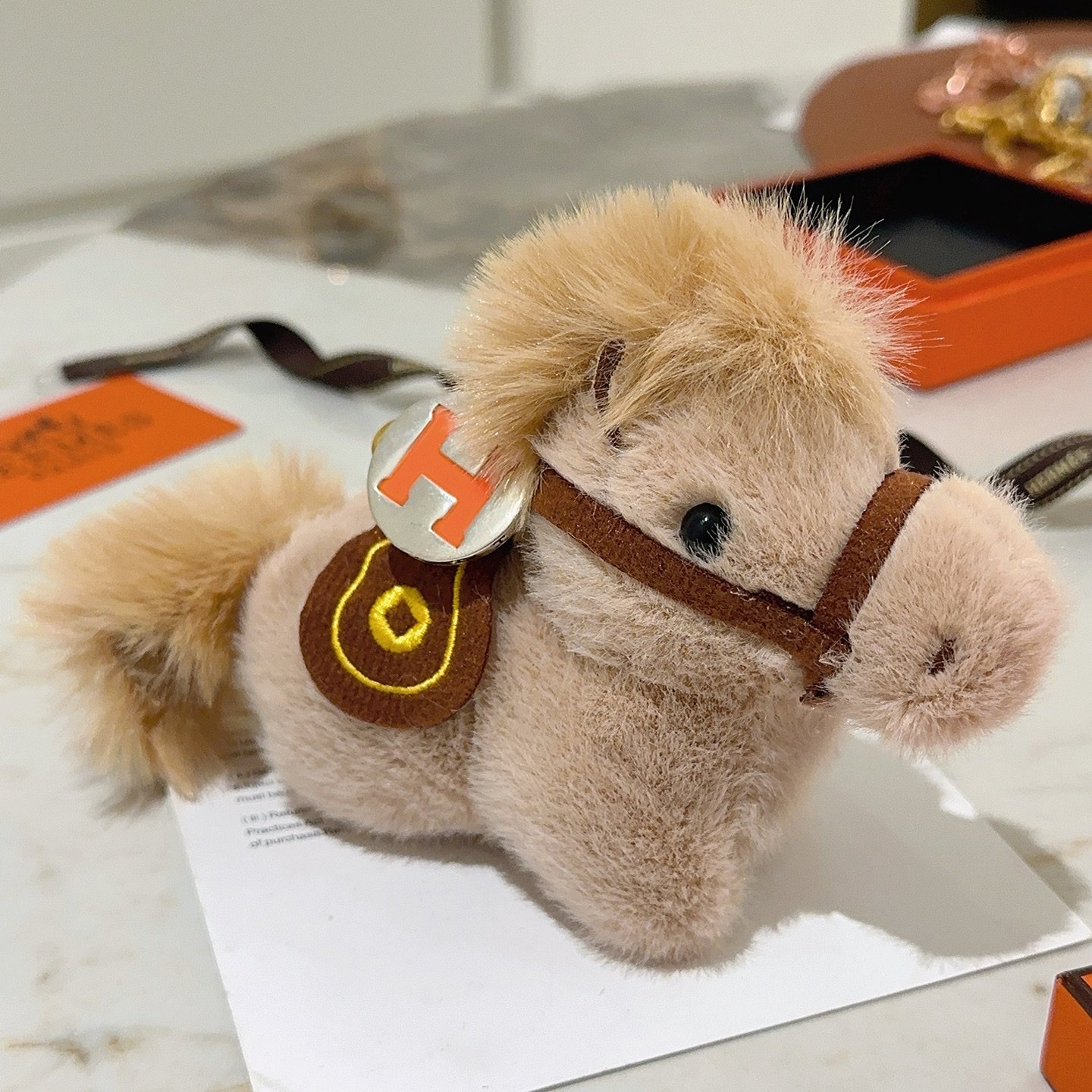 Hermes Horse Plush Bag Charm pendant Beige plush brown leather silver-tone metal with orange H logo gold-tone hardware 12cm