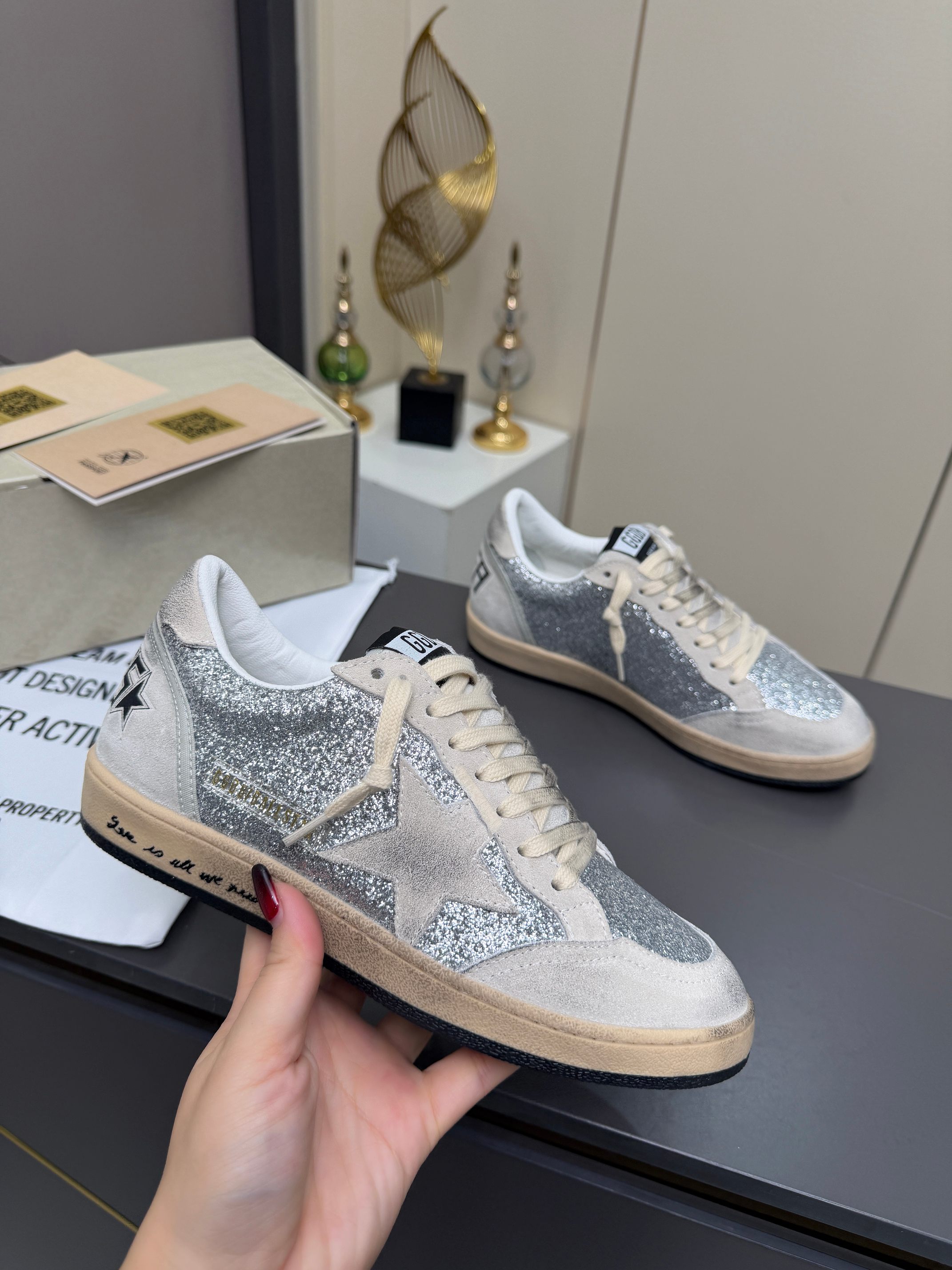 Golden Goose Ball Star Silver Off White Beige Black Skate Shoe BS-87357