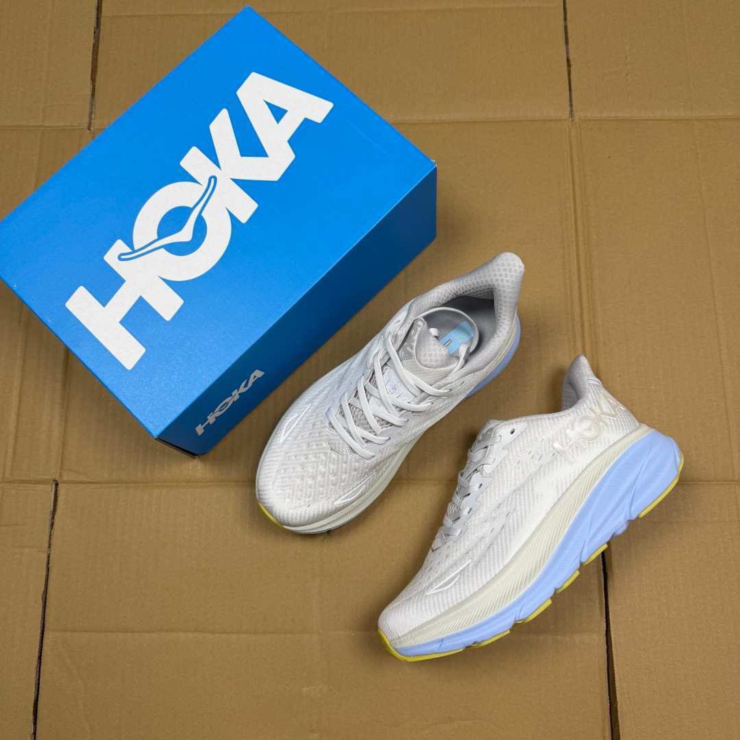 HOKA Clifton 9 White Light Blue Yellow Running Shoe Running Sneakers BS-86857