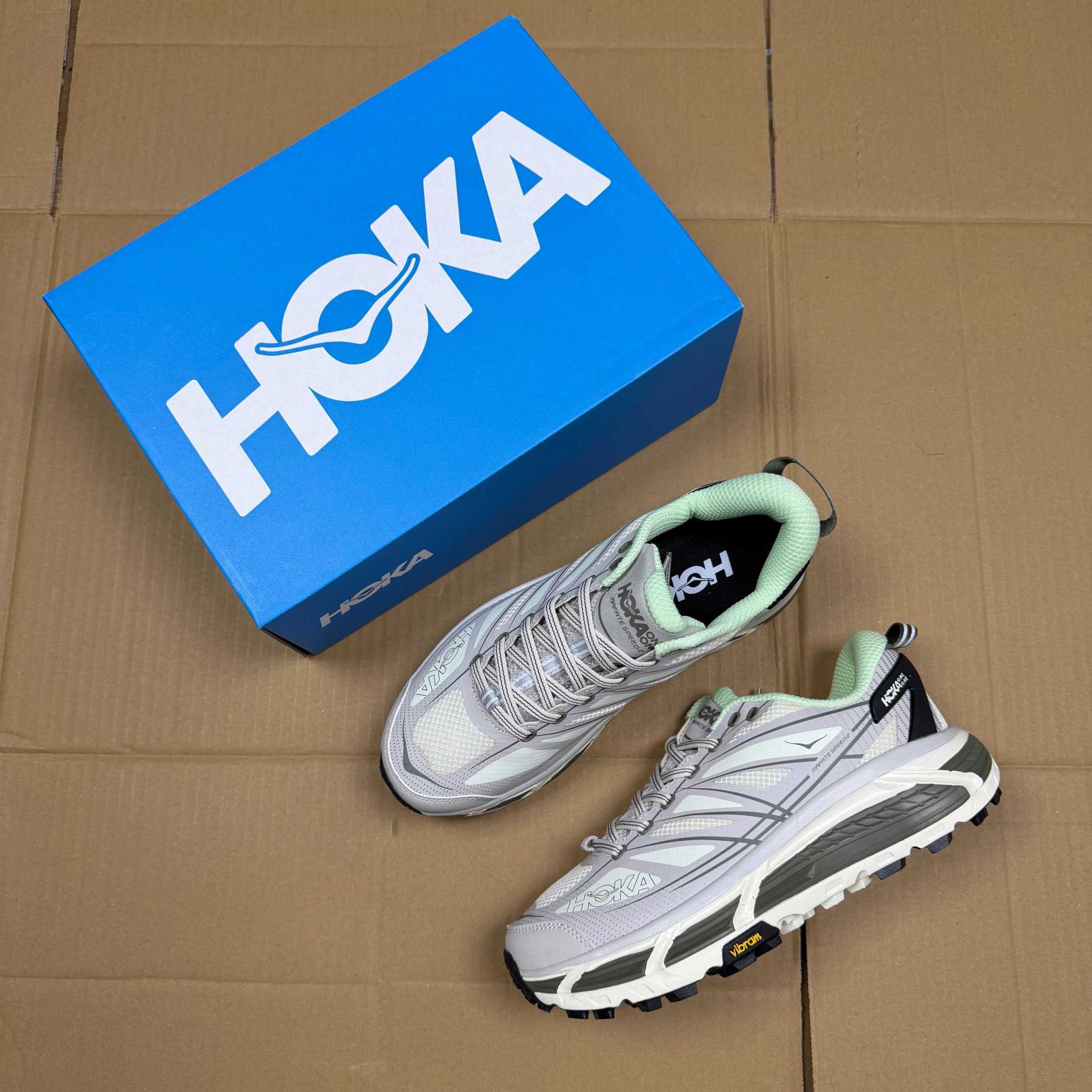 HOKA Mafate Speed 2 Light Grey Mint Green White Black Trail Shoe Trail Running Sneakers BS-86896