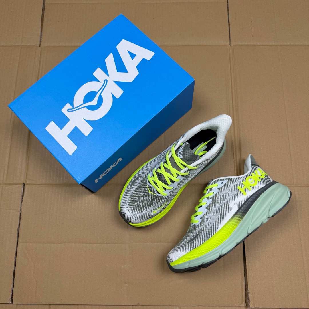 HOKA Clifton 9 White Grey Neon Yellow Mint Green Running Shoe Running Sneakers BS-86883
