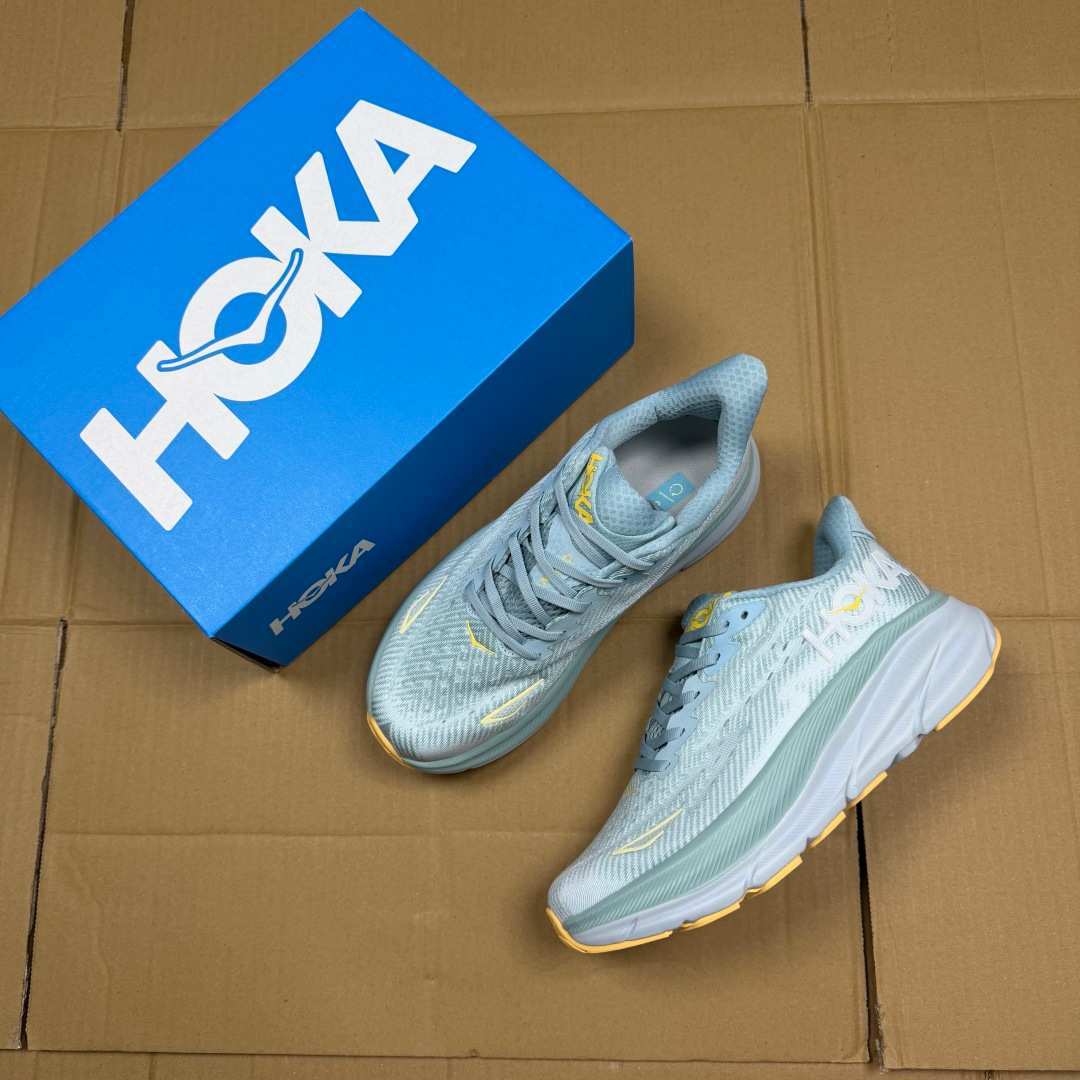 HOKA ONE ONE Clifton 9 Light Blue White Yellow Running Shoe Running Sneakers BS-86862