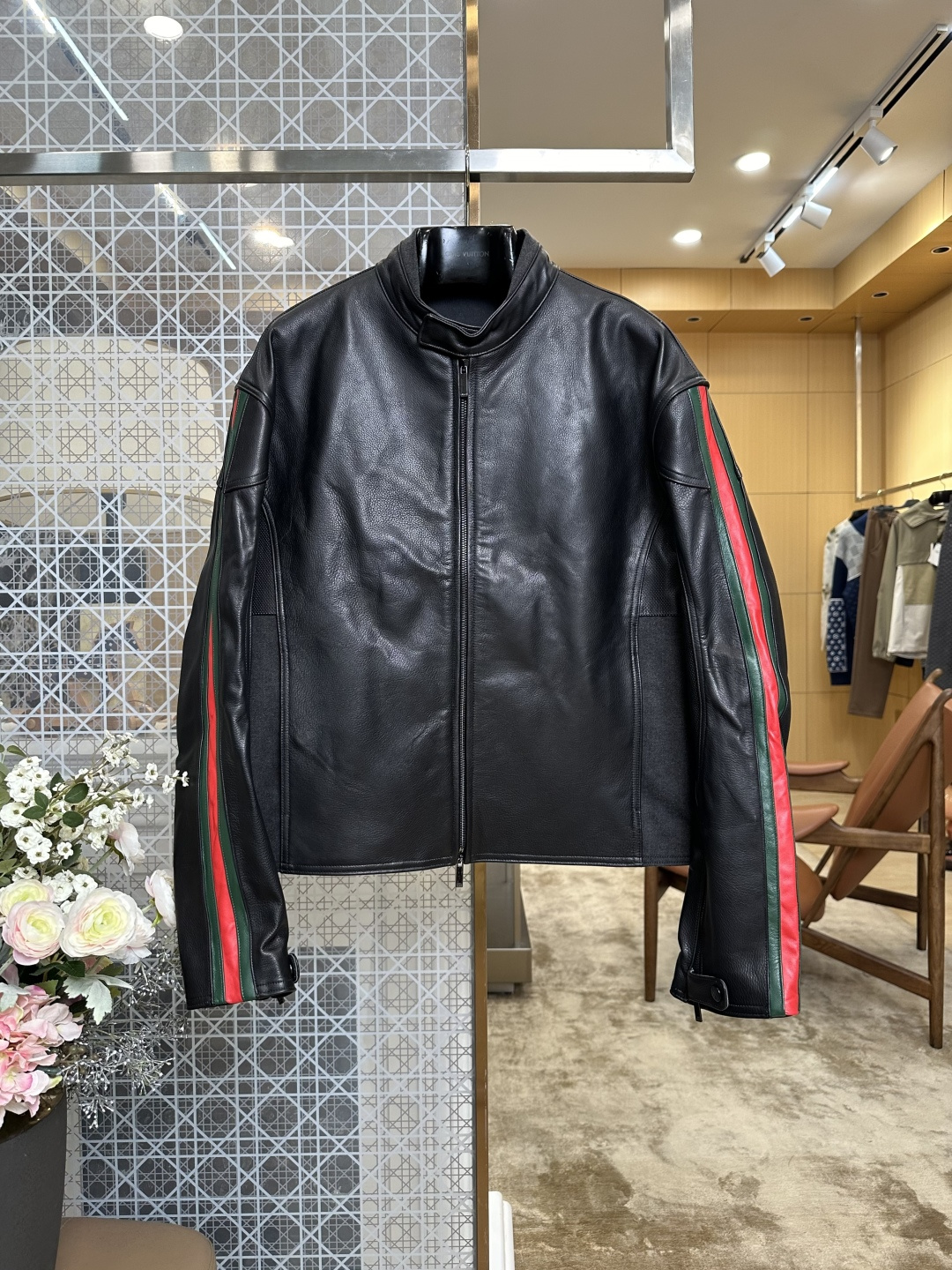 Gucci men GUCCI red and green webbing genuine leather motorcycle jacket — 1:1 Replica For Sale