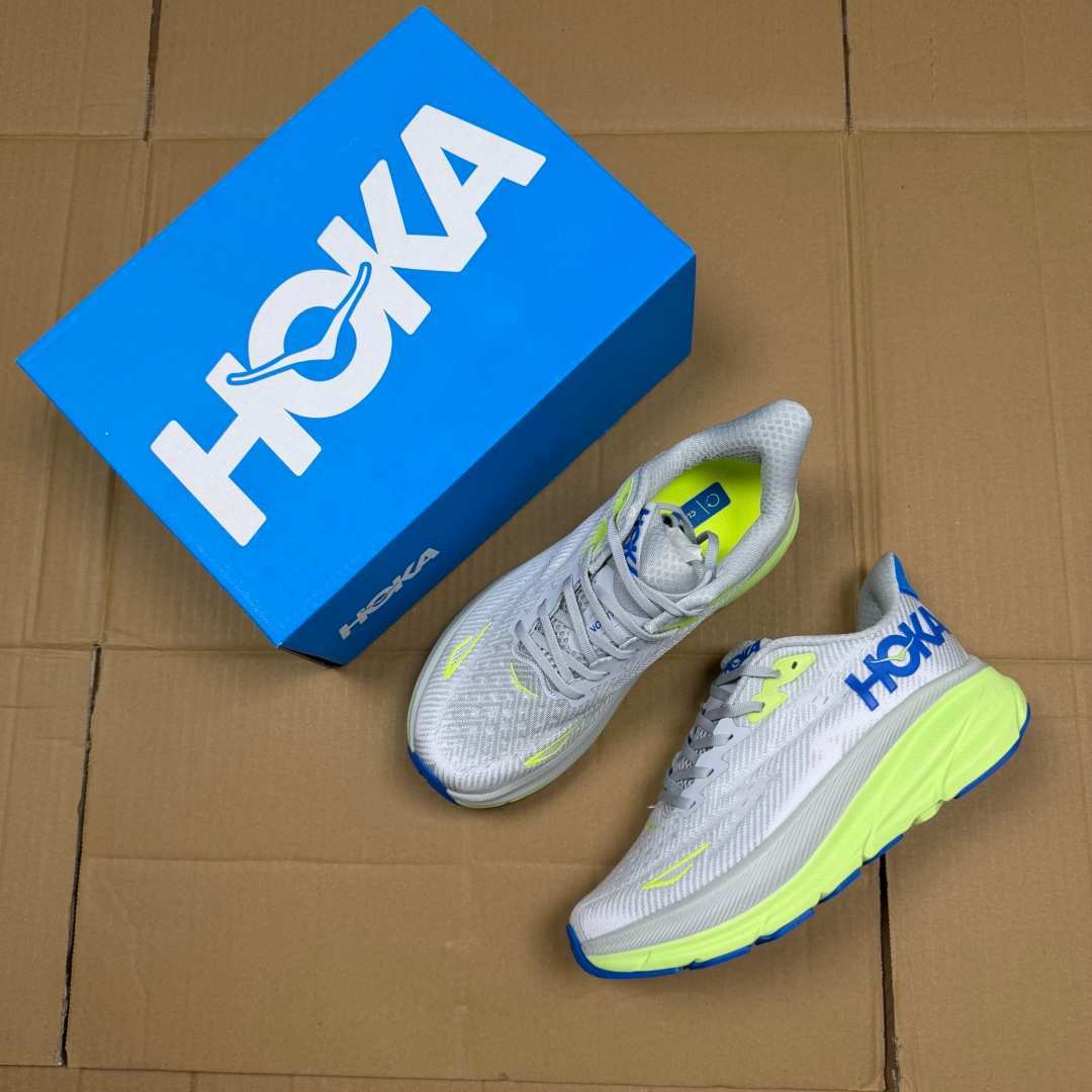 HOKA ONE ONE Clifton 9 Grey Neon Yellow Blue White Running Shoe Running Sneakers BS-86871