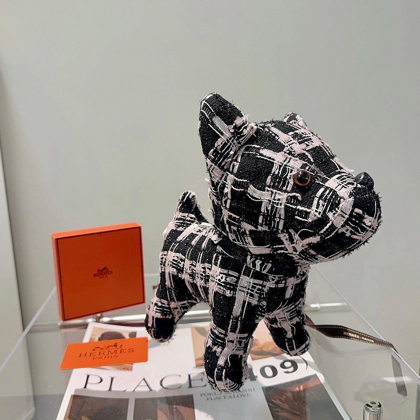 Hermes French Bulldog Plush brooch black with light pink and white tweed pattern black resin nose brown resin eyes 28cm