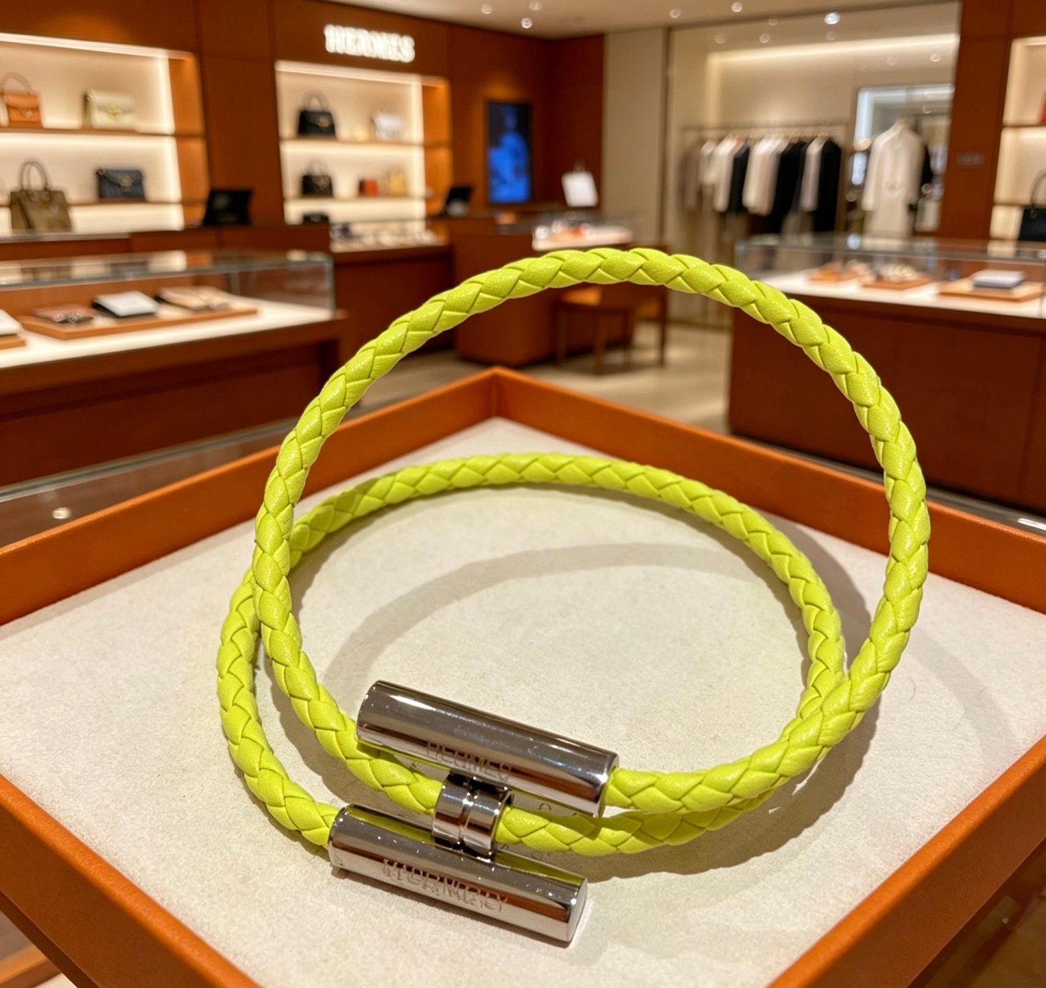 Hermes Tournis Tresse bracelet Lime yellow braided leather palladium plated silver hardware T4 19cm