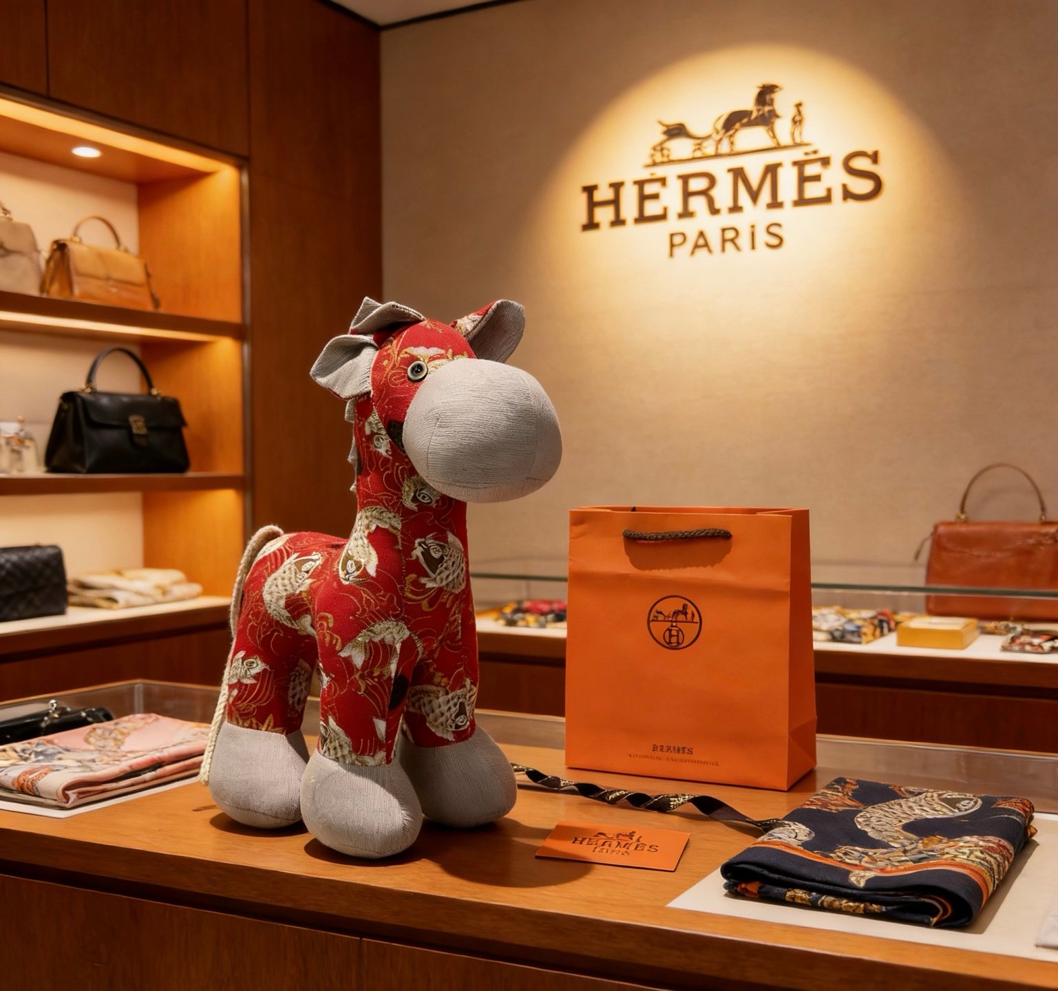 Hermes Hermy Horse Plush brooch Red fabric with gray fabric accents gold and white koi fish print 35cm