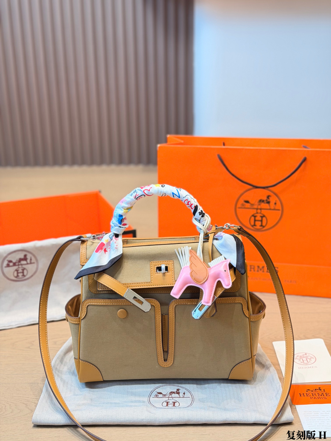 Hermes bag Hermès Cargo Birkin 28 ​​ Toile H￼ + Twilly￼ Rodeo Charm — 1:1 Replica