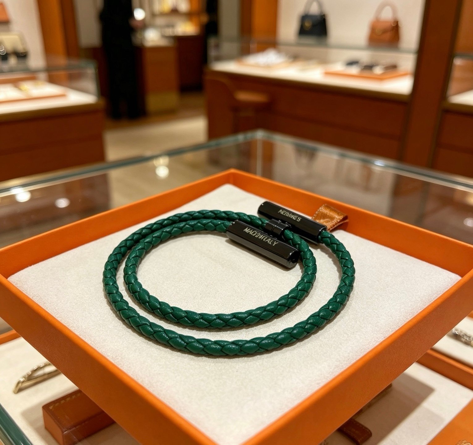 Hermes Tournis Tresse bracelet dark green braided leather black metal hardware 40cm double wrap