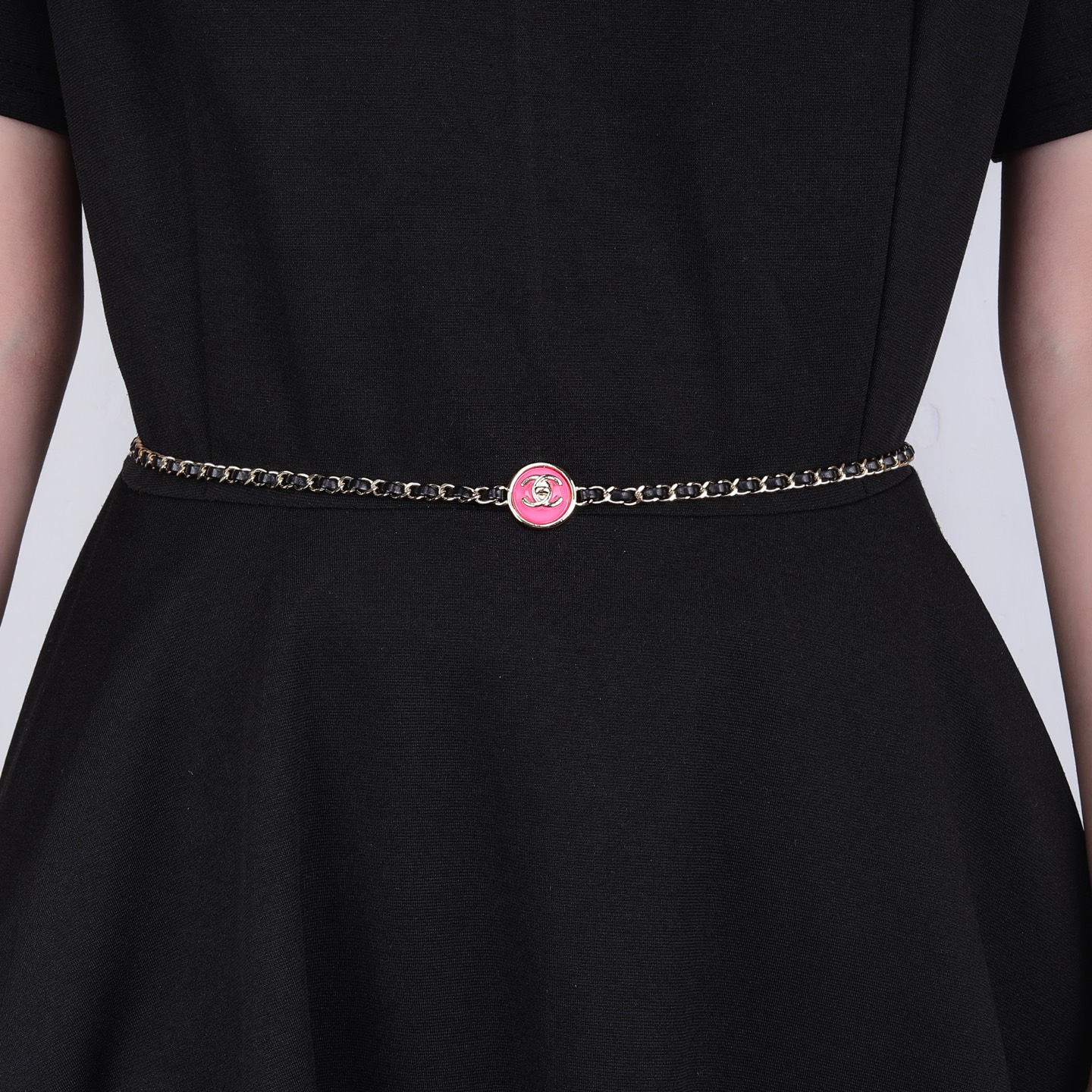Chanel Goose series necklace gold metal black leather pink enamel 80cm