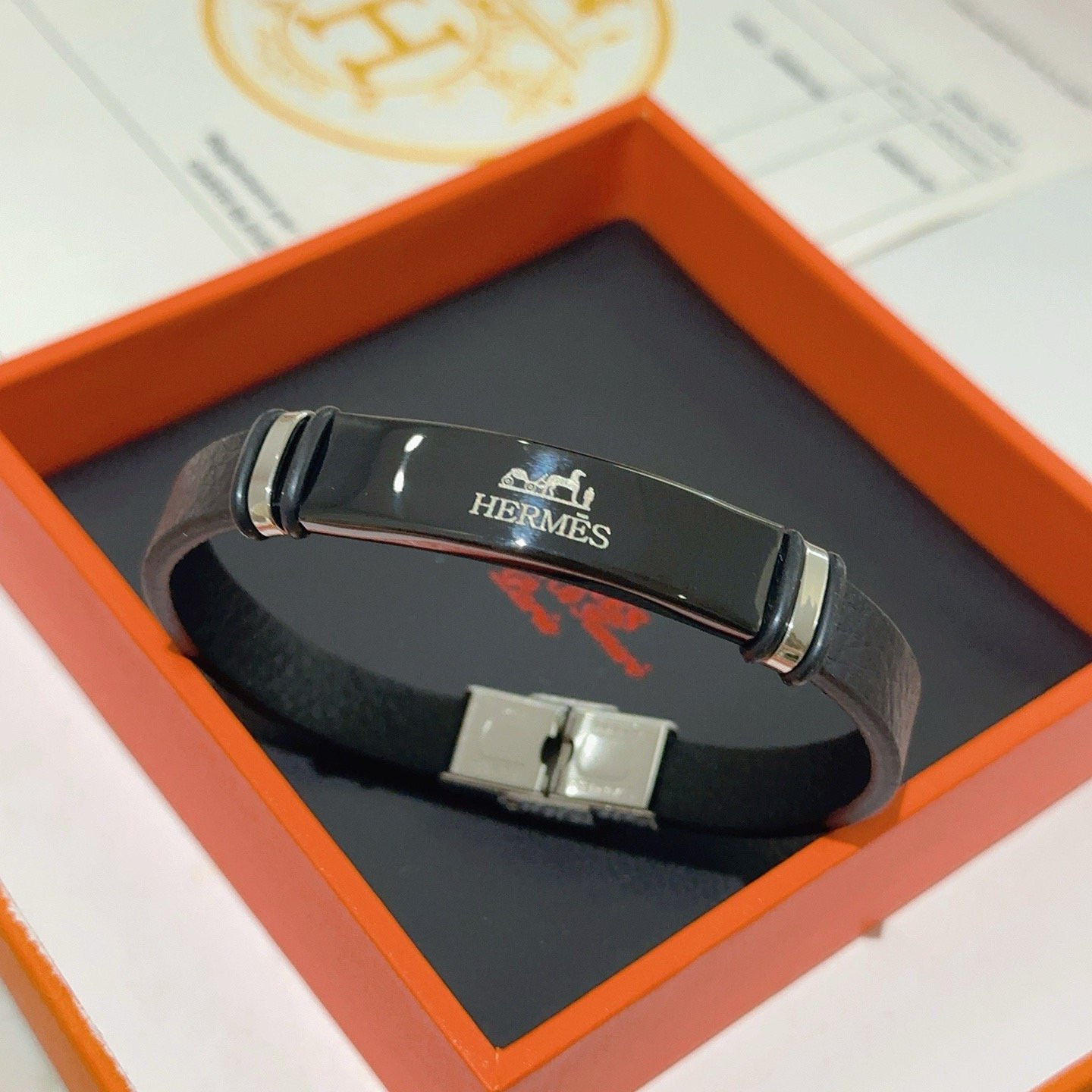 Hermes New Anger Forest bracelet Black leather with silver-tone metal hardware black enamel logo plate 19cm
