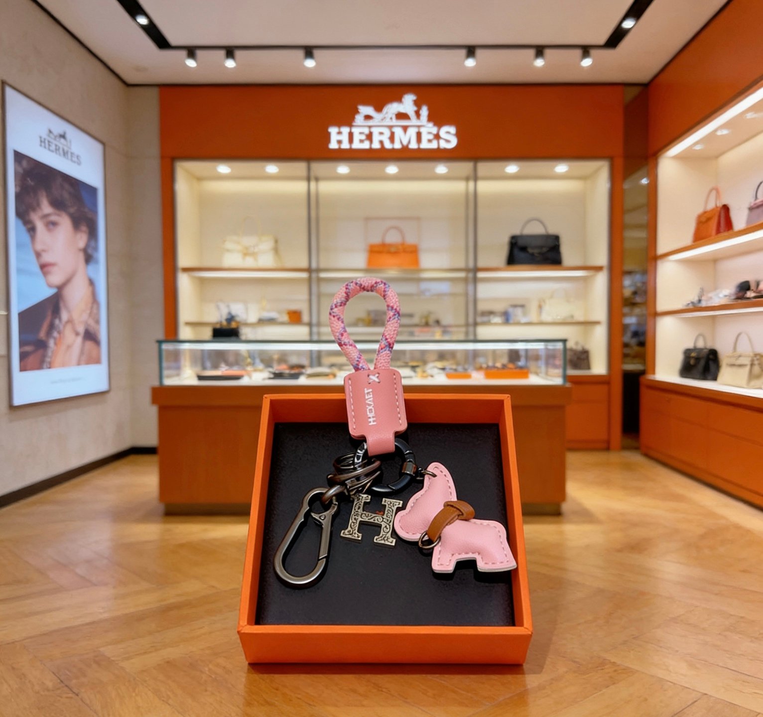 Hermes Buddy H Charm Keychain pendant Gunmetal silver-tone metal light pink leather pink-purple woven cord tan leather accent 10cm total length
