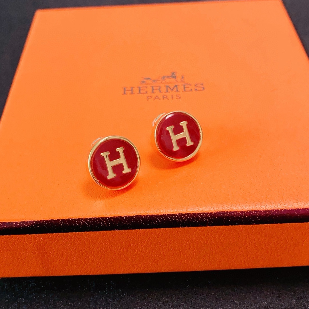 Hermes H Logo Round Stud Earrings earrings gold-tone metal with red enamel 12mm diameter