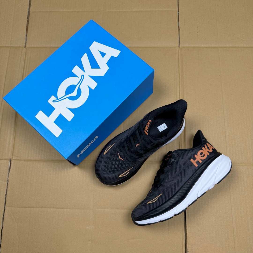 HOKA ONE ONE Clifton 9 Black White Copper Running Shoe Running Sneakers BS-86870