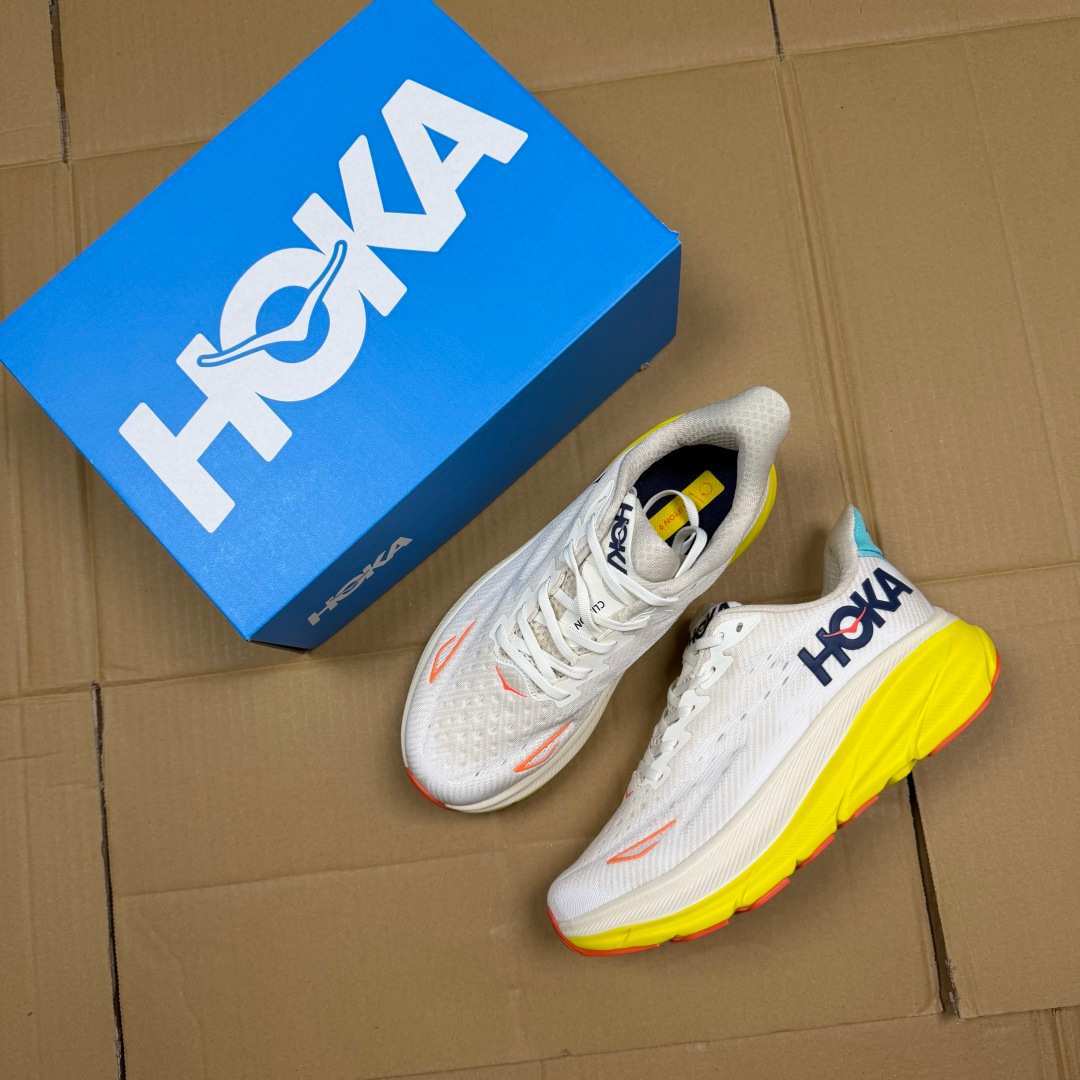 HOKA Clifton 9 White Yellow Orange Blue Running Shoe Running Sneakers BS-86861