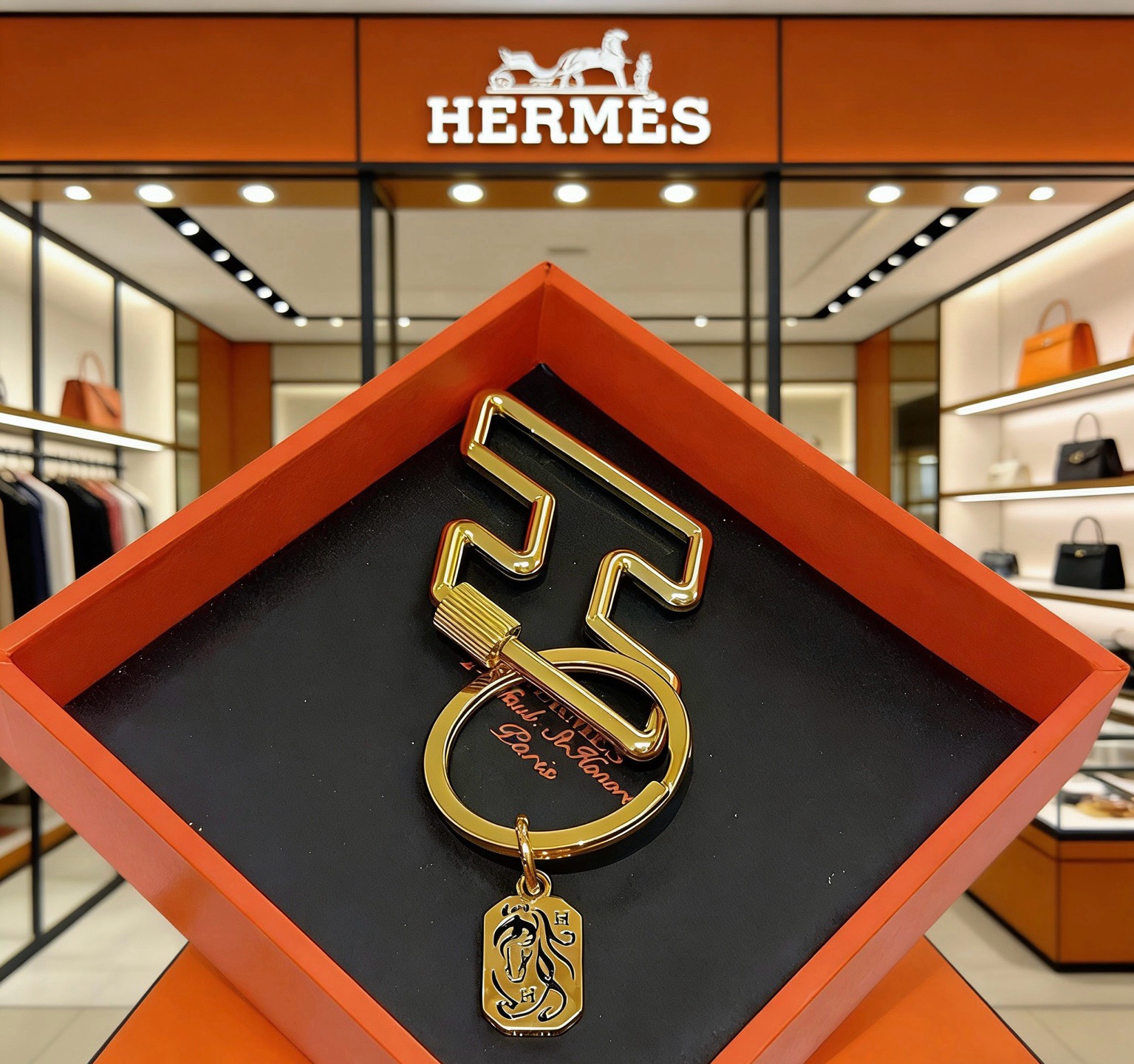 Hermes Horse Head Zigzag Key Charm pendentif métal doré avec détails en émail noir longueur totale 10 cm