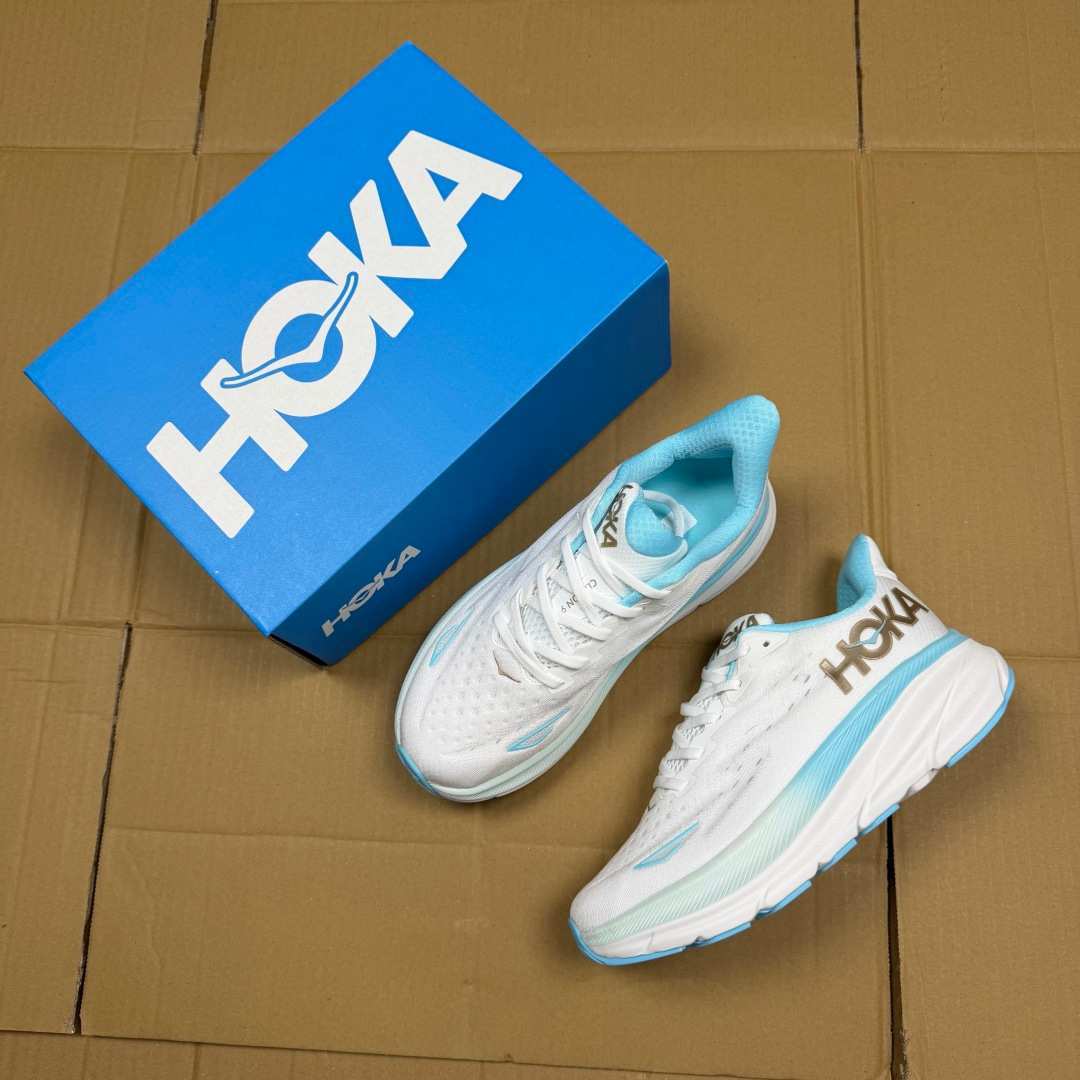 HOKA Clifton 9 White Light Blue Gold Running Shoe Running Sneakers BS-86860