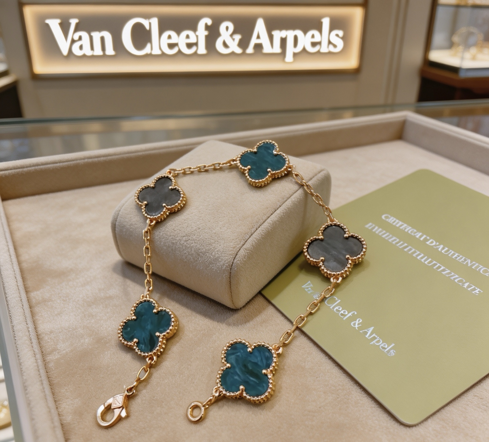 Van Cleef Arpels Bracelet Alhambra Métal doré jaune avec motifs agate bleu sarcelle et trèfles en nacre grise 19cm