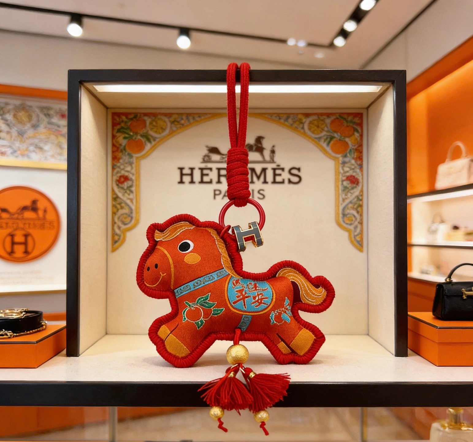 Hermes Rodeo Chinese New Year Horse Charm pendant Red fabric with gold embroidery blue accent details gold metal hardware red tassels 10cm charm with 8cm hanging cord
