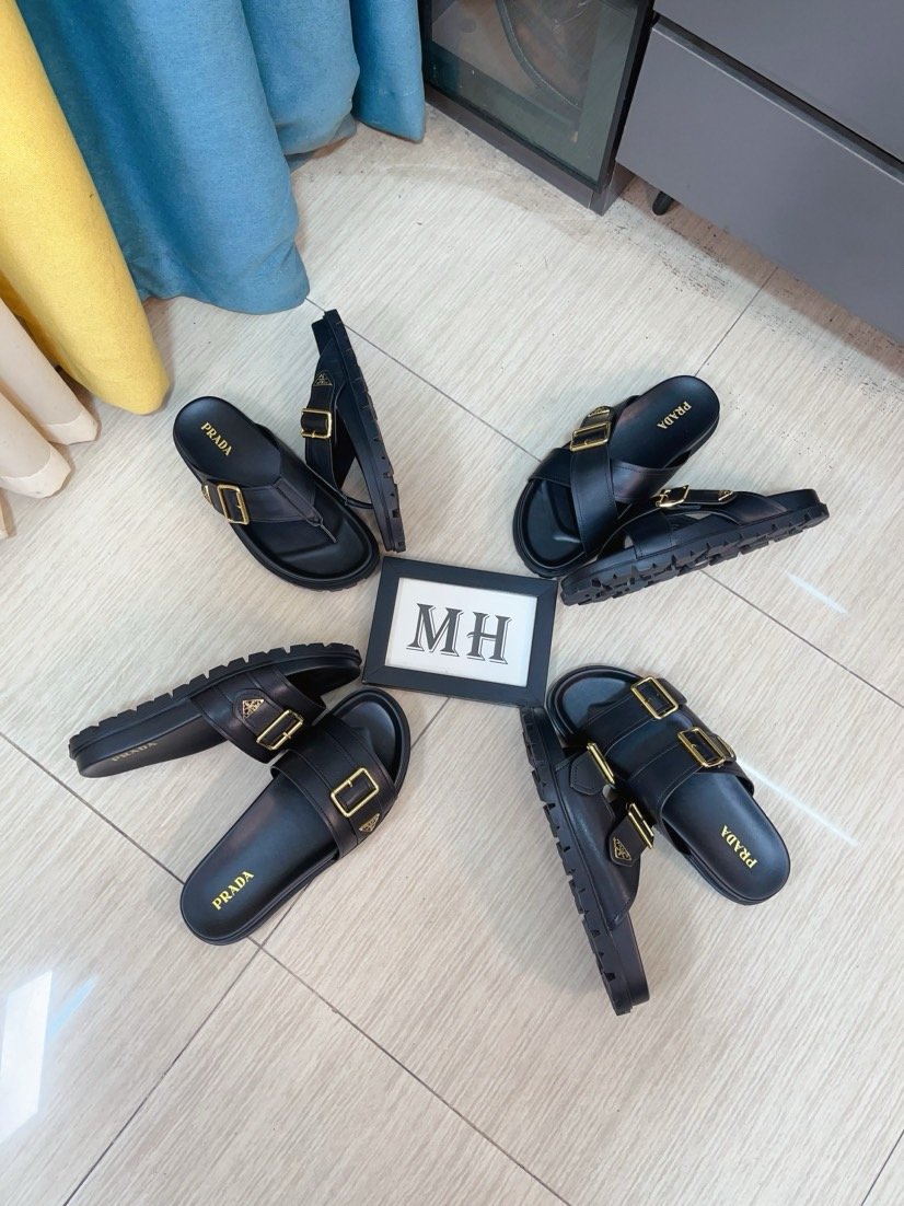 Prada women's shoes Slippers, Men's Spring and Summer, Uppers imported from Italy with cowhide leather, logo graphics, high-quality craftsmanship, soles: Original factory special soles, exclusive activity molded soles super comfortable, original factory follow orders, multiple colors, code number: 38-44 (45 customized)