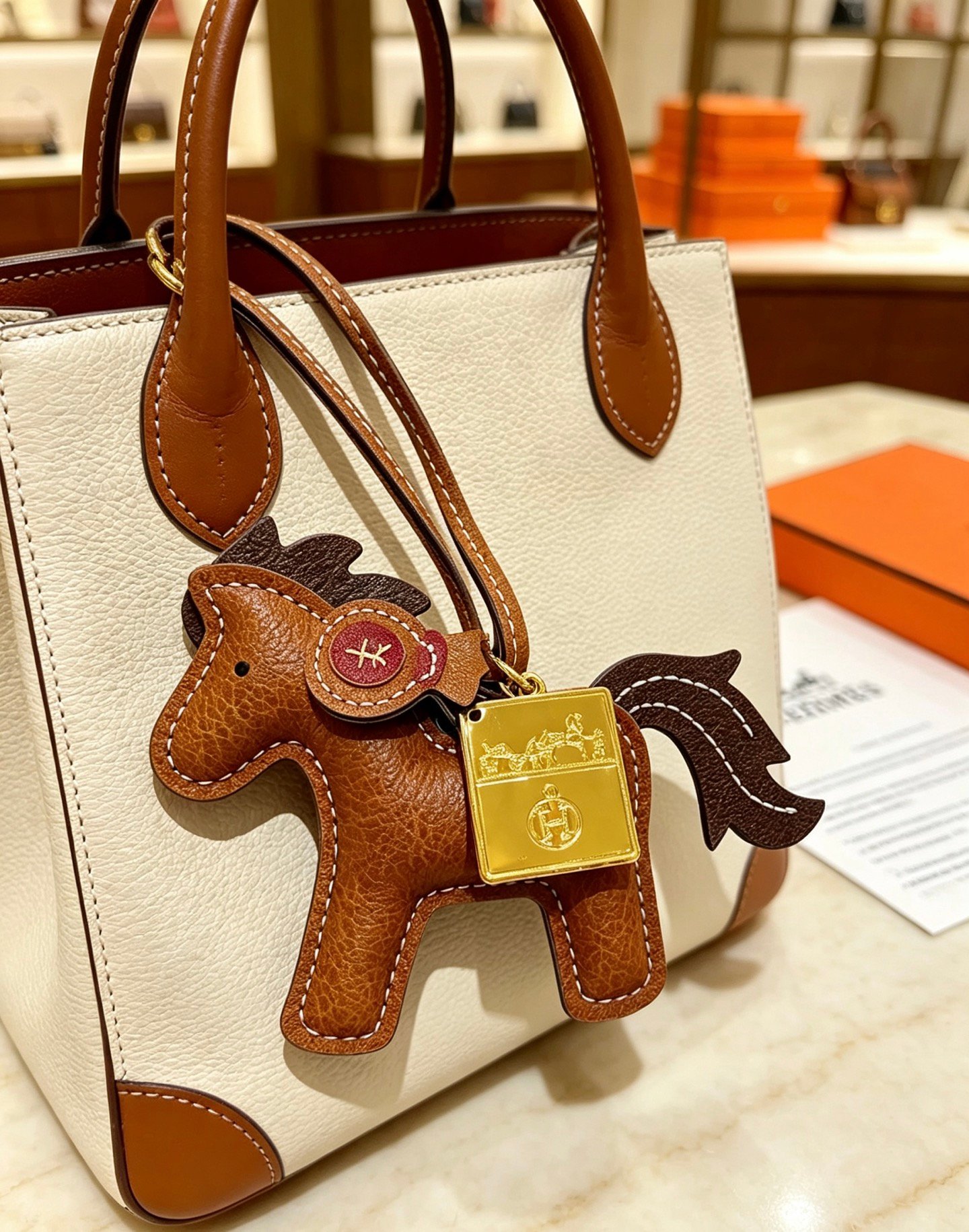 Ciondolo per borsa Hermes Rodeo Pegase Horse con pendente Ex-Libris in oro Pelle marrone in metallo color oro con coda di criniera marrone scuro accento in pelle bordeaux cuciture a contrasto bianche Lunghezza cinturino 12 cm