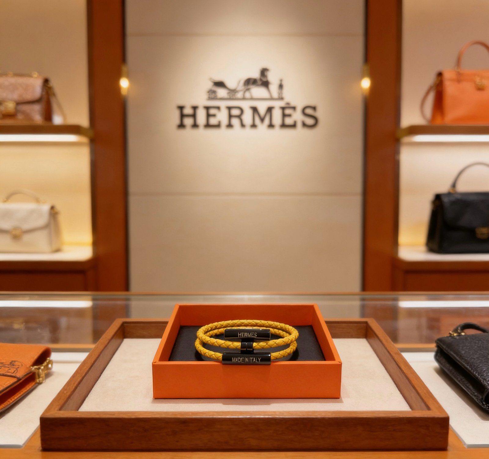 Hermes Tournis Tresse bracelet yellow braided leather black metal hardware 19cm