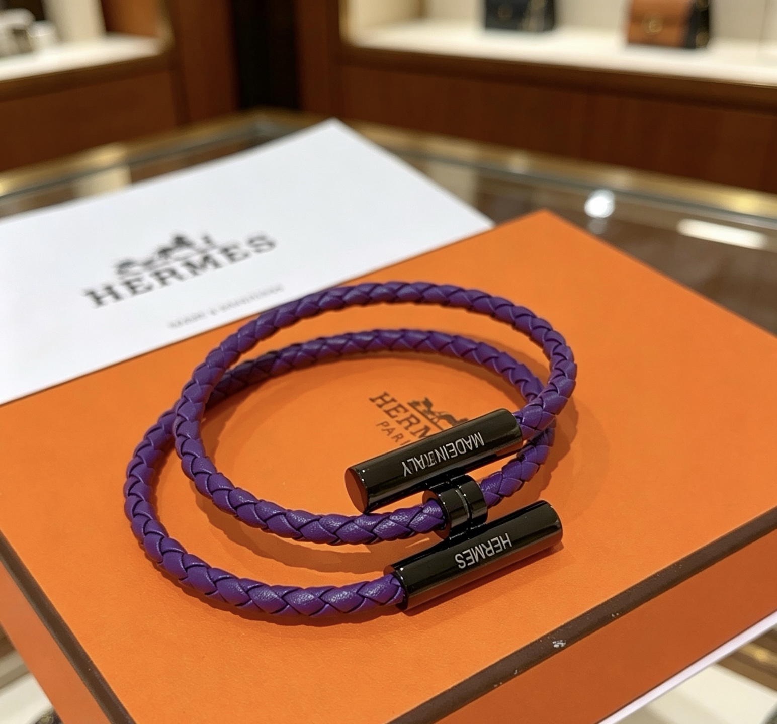 Hermes Tournis Tresse bracelet Purple braided leather with black plated metal hardware T5 19cm