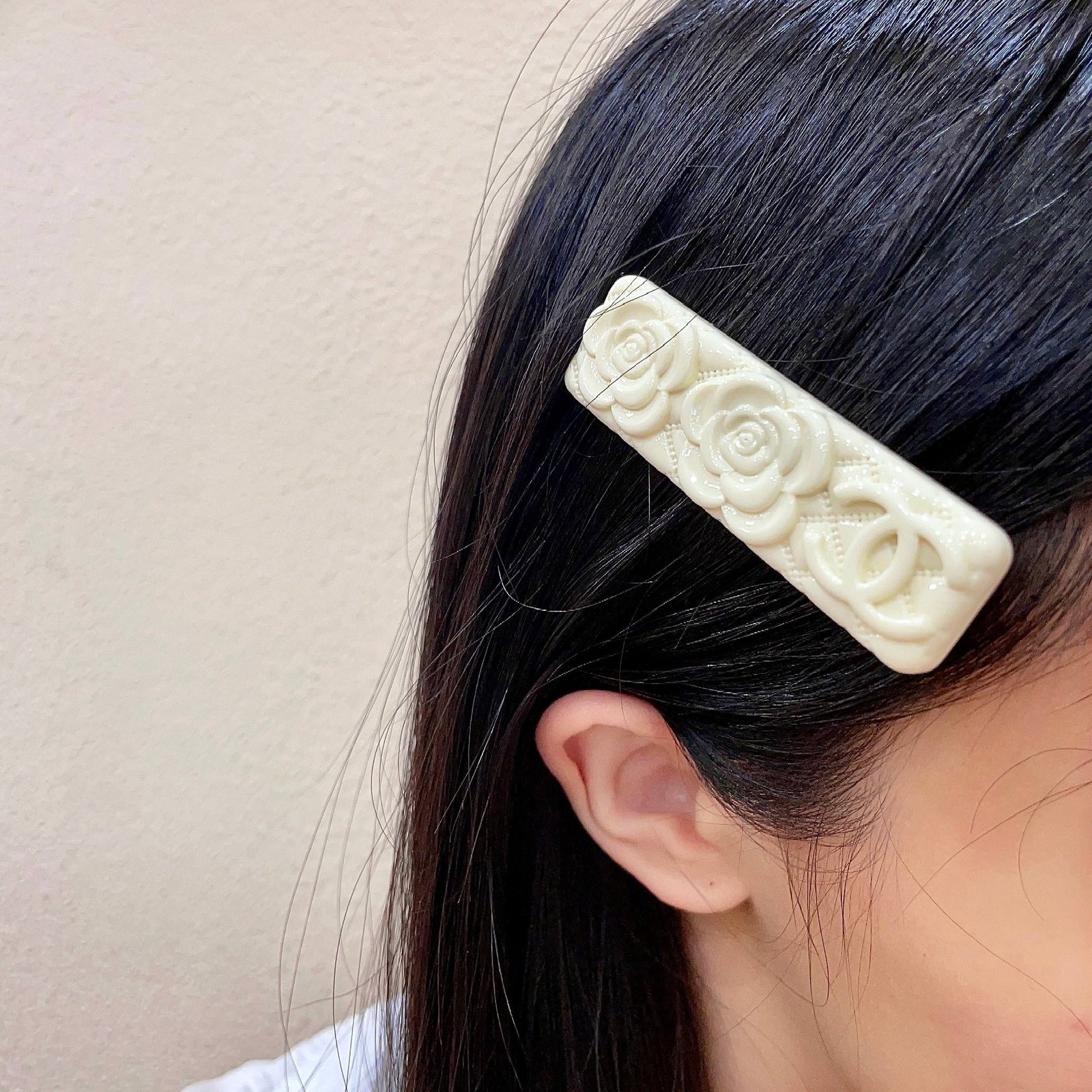 Chanel Camellia CC Quilted Hair Barrette brooch Cream white resin 6cm length
