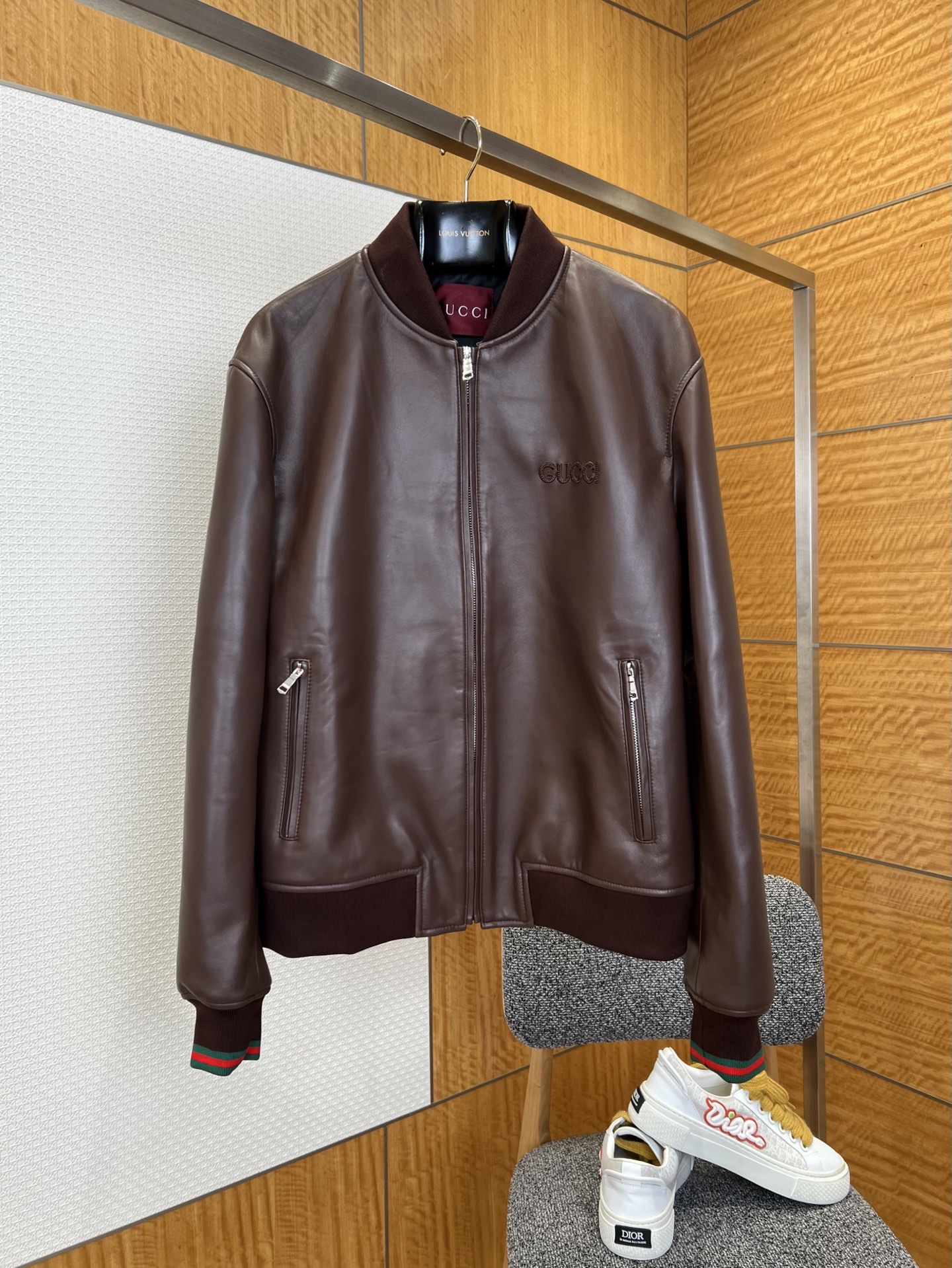Gucci men GUCCI brand embroidered logo luxury baseball leather jacket — Premium Replica