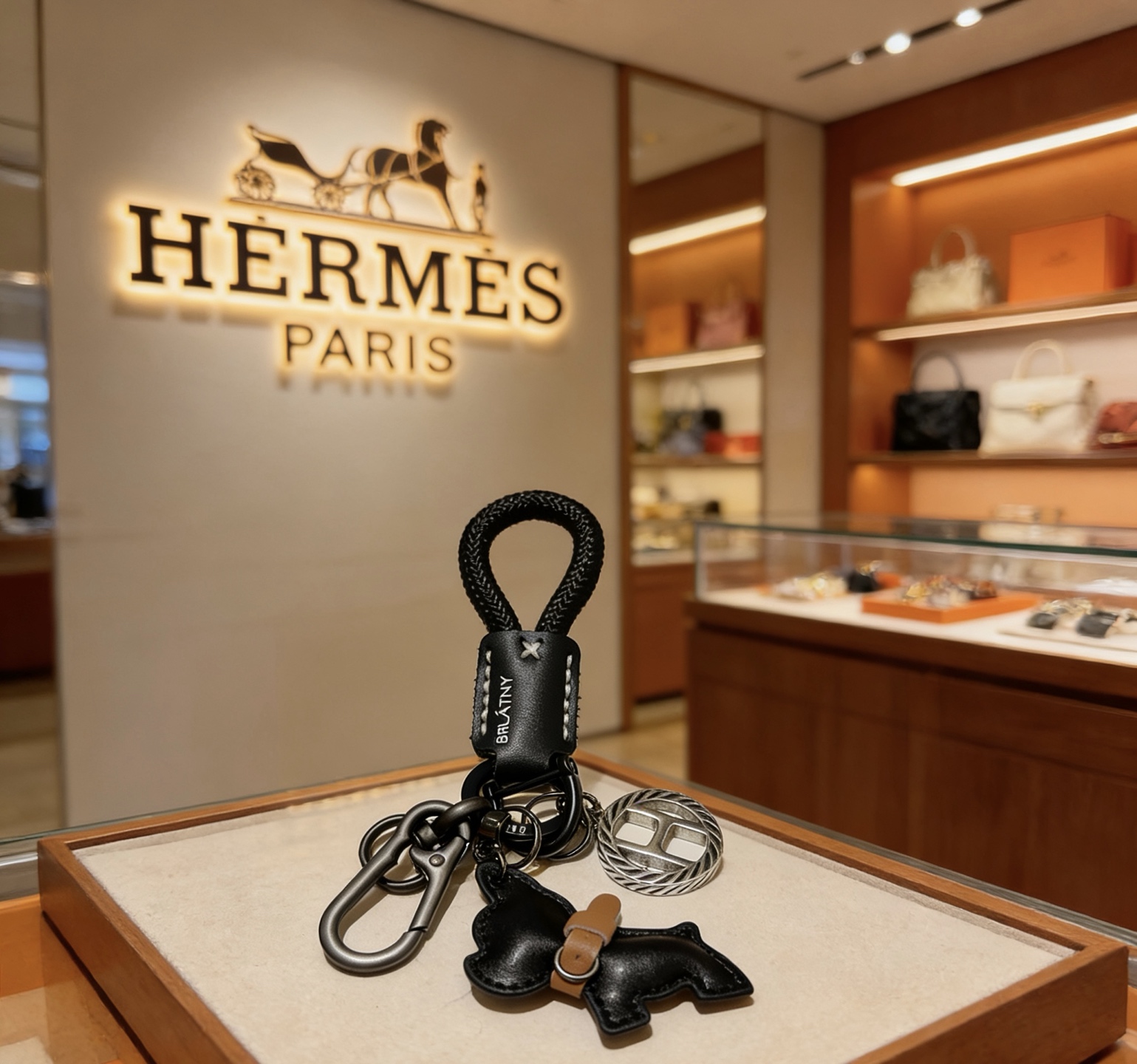 Hermes Bull Dog Charm Porte-clés pendentif Cordon tressé noir cuir noir accent cuir beige matériel argenté bronze à canon 10 cm longueur totale